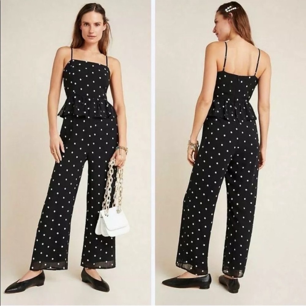 Anthropologie Rosie Floral Embroidery Peplum Jumpsuit Wide Leg